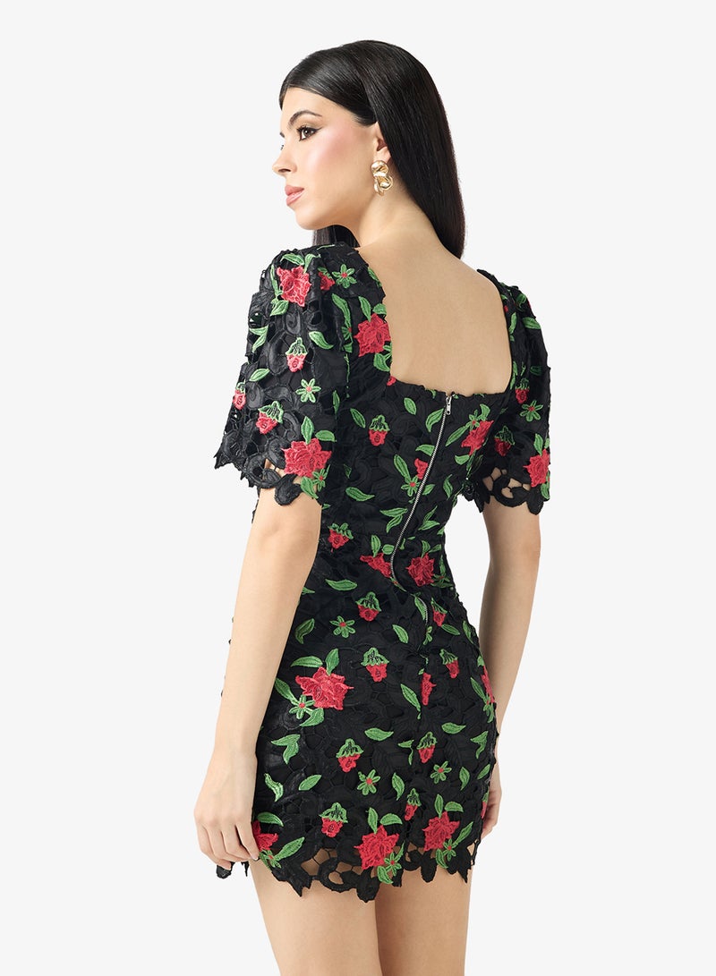 Just Me Floral Embroidered Lace Square Neck Flared Sleeve Scalloped Hem Mini Dress - Image 2